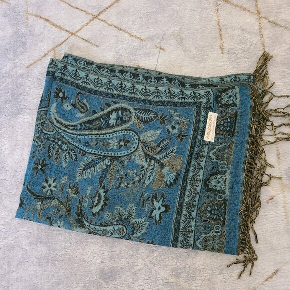 Pashmina Shawl Scarf Cashmere Silk Teal Blue Turquoise Black Paisley Wrap 68x26 - Picture 6 of 7